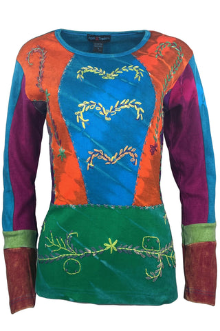 Rib Cotton Vibrant Multi Patched Color Funky Embroidered Bohemian Top Blouse - Agan Traders, TQ Multi