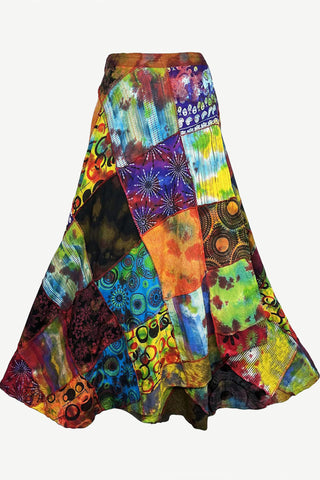 407 WS Cotton Gypsy Flower Diamond Patched Tie Dye Wrap Skirt - Agan Traders, Rainbow 