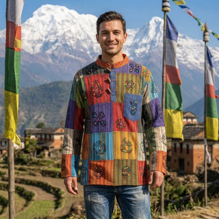 Barpak Cotton Men's Auspicious Patchwork Henley