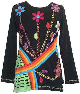 Knit Cotton Rainbow Razor Cut Flower Boho Gypsy Top Blouse - Agan Traders, Multicolor
