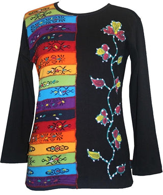 Rib Knit Cotton Rainbow Hand Brushed Flower Boho Gypsy Top Blouse - Agan Traders, Rainbow