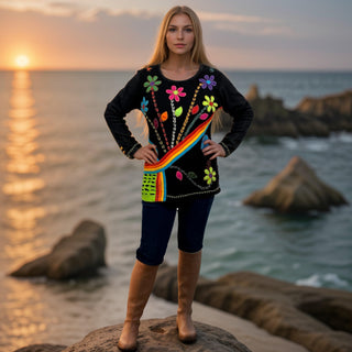 Bhulbhule Rib Cotton Rainbow Flower Razor-Cut Top