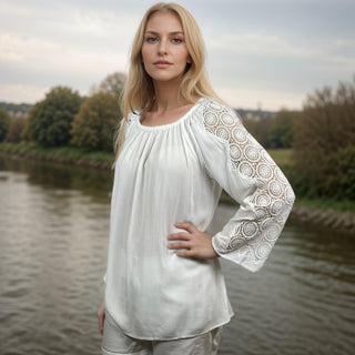 Pyuthan Rayon Crepe White Medieval Lace-Sleeve Top
