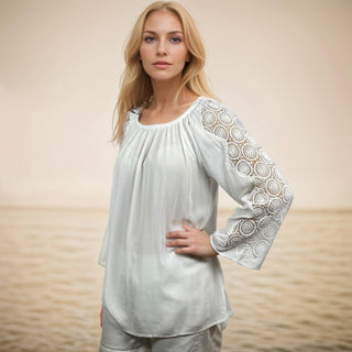 Pyuthan Rayon Crepe White Medieval Lace-Sleeve Top