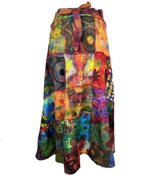 407 WS Cotton Gypsy Flower Diamond Patched Tie Dye Wrap Skirt - Agan Traders, Rainbow 