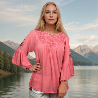 Manthali Rayon Crepe Medieval Bell-Sleeve Lace Tunic