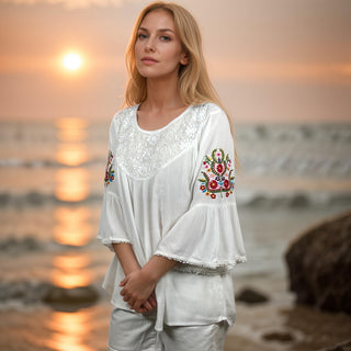 Manthali Rayon Crepe Medieval Bell-Sleeve Lace Tunic