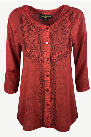 Chitlang Rayon Vintage Embroidered V-Neck Blouse