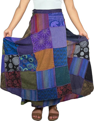 WS 411 Women's Hippie Long Wrap Patch Cotton Boho Renaissance Skirt Maxi - Agan Traders, Purple_Multi