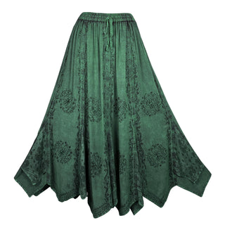 Women's Boho 715 SKT Medieval Flared Hem A Line Embroidered Long Maxi Skirt - Agan Traders, Green