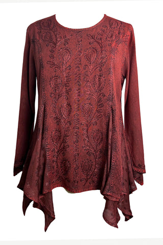 302 Bohemian Asymmetrical Handkerchief Tunic Blouse - Agan Traders, Burgundy