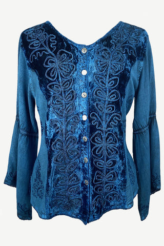 Renaissance Vintage Rayon Velvet Renaissance Top Blouse - Agan Traders, Blue