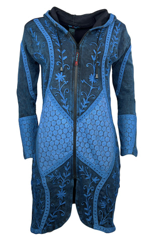 RJ 310L Bohemian Patched Embroidered Funky Boho Long Hoodie Jacket - Agan Traders, Blue