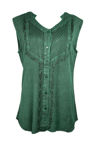 Women's Sleeveless Embroidered Bohemian Medieval Chic Summer Fashion Blouse Top - Agan Traders, H Green
