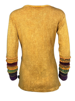 R 232 Denim Multi-colored Diagonal Patched Floral Embroidered Boho Blouse - Agan Traders, Gold