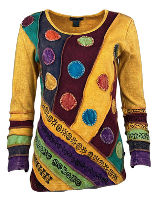 R 232 Denim Multi-colored Diagonal Patched Floral Embroidered Boho Blouse - Agan Traders, Gold