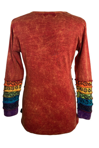 R 232 Denim Multi-colored Diagonal Patched Floral Embroidered Boho Blouse - Agan Traders, Red