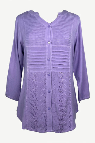Women's Vintage Long Sleeve Rounded Sweet Heart Button Down Tunic Blouse - Agan Traders, Lavender