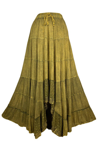 186028 SKT Boho Medieval Crepe Tier Elastic Waistband Front Open Long Skirt Maxi - Agan Traders,  Olive 