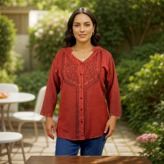Chitlang Rayon Vintage Embroidered V-Neck Blouse