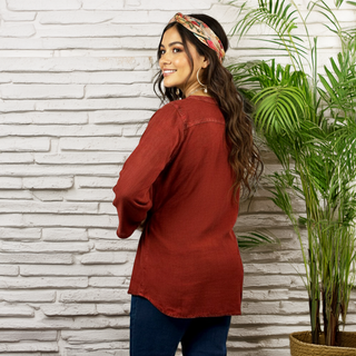 Chitlang Rayon Vintage Embroidered V-Neck Blouse