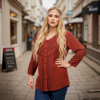 Chitlang Rayon Vintage Embroidered V-Neck Blouse