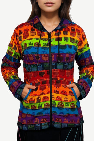 Baruntse Rib Cotton Rainbow Owl Print Hoodie