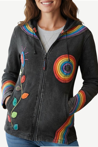 Kangtega Rib Cotton Rainbow Distressed Denim Hoodie