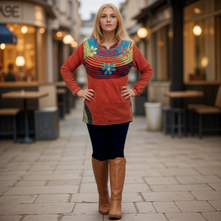 R 207 Gypsy Boho Rib Knit Distressed Stonewashed Razor Cut Blouse - Agan Traders, Orange Rust
