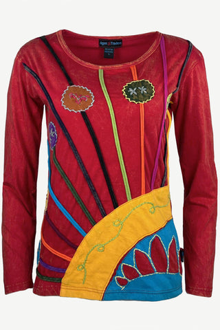 R 232 Light Cotton Floral Stem Multi-colored Diagonal Patched Floral Embroidered Boho Blouse - Agan Traders, Red 