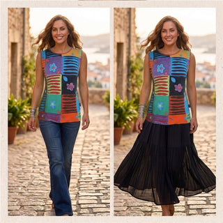 Ratu Rib Cotton Embroidered Patch Cap-Sleeve Blouse