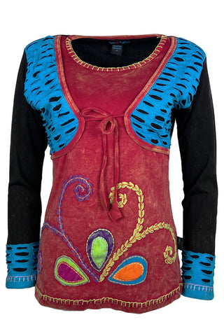 Cotton Funky Front Tie Bohemian Top Blouse - Agan Traders, Red