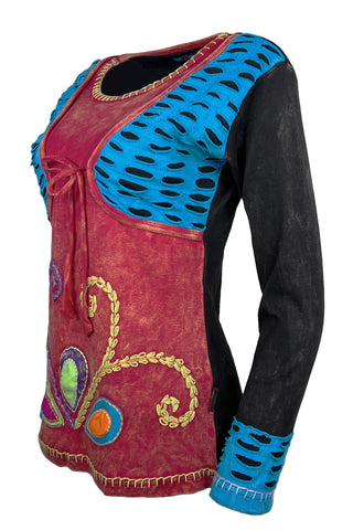 Cotton Funky Front Tie Bohemian Top Blouse - Agan Traders, Red