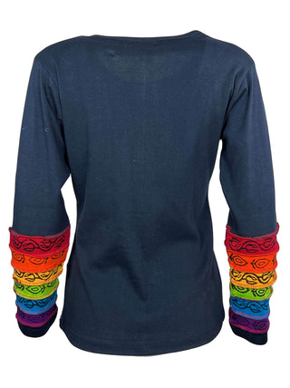 Hand Brush Painted Rainbow Funky Gypsy Knit Cotton Top Blouse ~ Nepal - Agan Traders, Multicolor