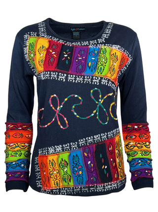 Hand Brush Painted Rainbow Funky Gypsy Knit Cotton Top Blouse ~ Nepal - Agan Traders, Multicolor