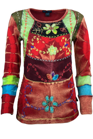Rib Cotton Tie Dye Embroidered Floral Bohemian Gypsy Top Blouse - Agan Traders, Red