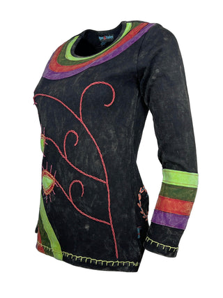 Flower Stems Embroidered Neckline & Cuff Patched Boho Gypsy Top Blouse - Agan Traders, Charcoal