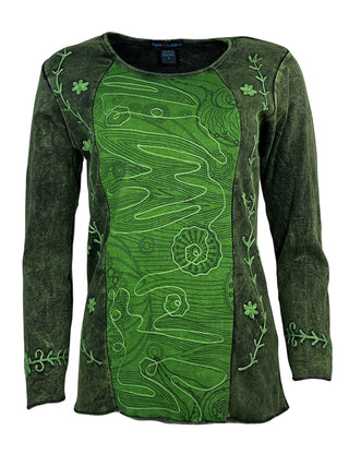 267 Bohemian Stonewashed Embroidered Tie-dye Long Sleeve Shirt Blouse - Agan Traders, Green