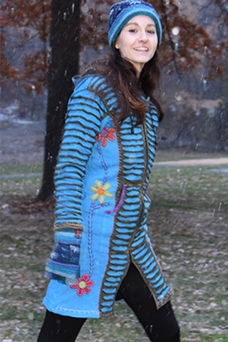 Nepal Knit Cotton Embroidered Bohemian Long Insulated Jacket Coat - Agan Traders, Turquoise