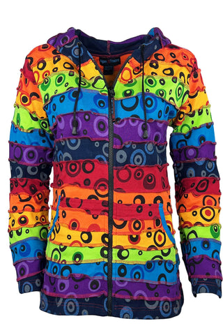 364 RJ Owl Printed Vibrant Hoodie Hippie Gypsy Cotton Bohemian Rib Jacket - Agan Traders, Rainbow Bubble 