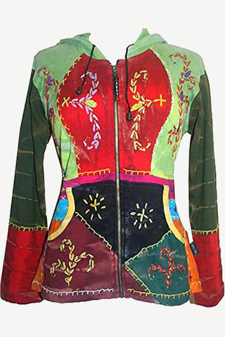 Tie Dye Patchwork Embroidered Floral Hoodie Sweatshirt - Agan Traders, Red Multi