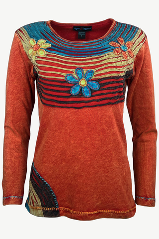 R 207 Gypsy Boho Rib Knit Distressed Stonewashed Razor Cut Blouse - Agan Traders, Orange Rust