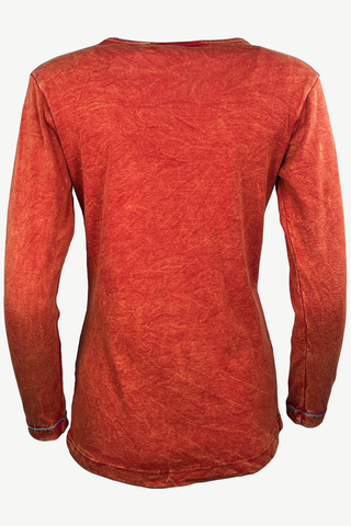 R 207 Gypsy Boho Rib Knit Distressed Stonewashed Razor Cut Blouse - Agan Traders, Orange Rust