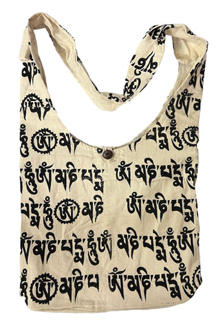 06 BG Cotton Om Mani Padhme Hum Script Shoulder Messenger Bag Purse - Agan Traders, White