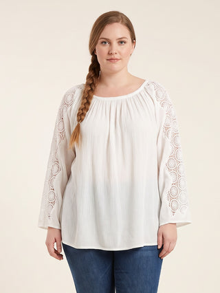 Pyuthan Rayon Crepe White Medieval Lace-Sleeve Top