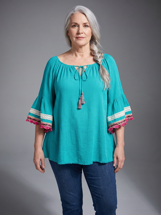 Kobang Bell-Sleeve Embroidered Rayon Crepe Tunic