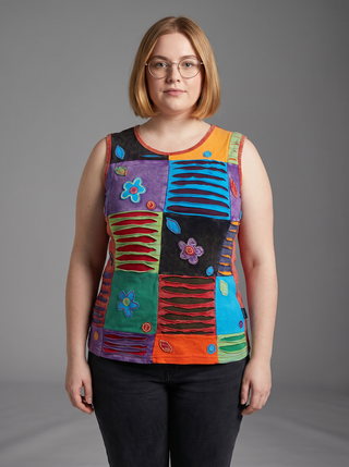 Ratu Rib Cotton Embroidered Patch Cap-Sleeve Blouse