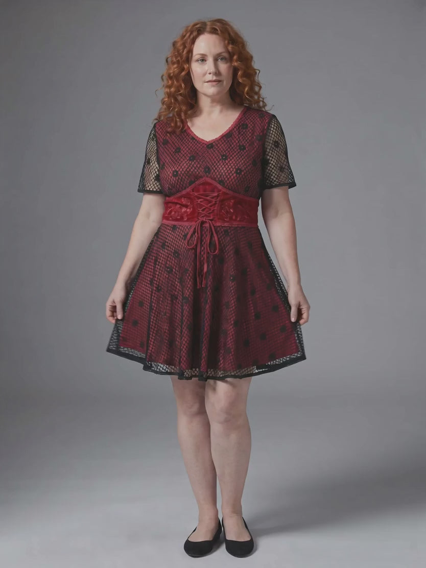 Khandbari Rayon Peasant Corset Short Dress video, Black Red