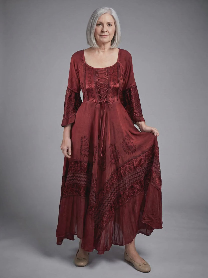 Surkhet Rayon Corset Embroidered Dress video, Burgundy