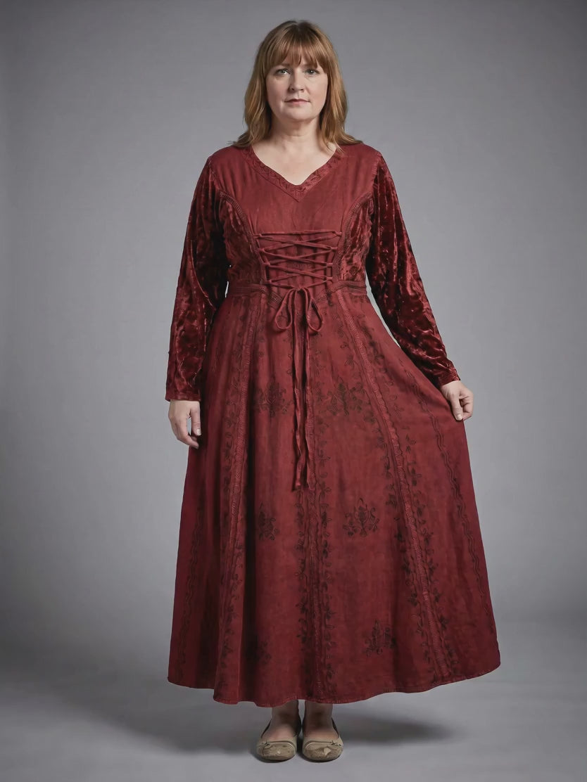 Chamje Rayon Velvet Corset Renaissance Gown video, Burgundy